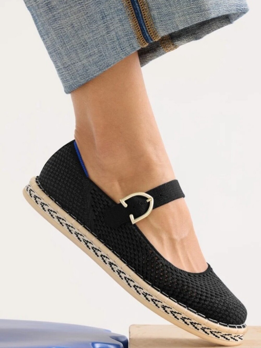 Rothy’s Black Mary Jane Espadrille Flats With Gold Buckle Size 7